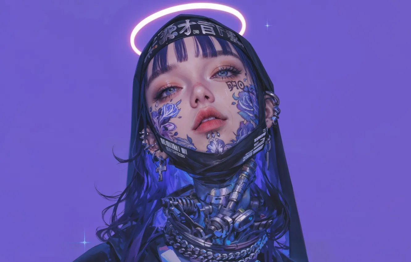 Фото обои Anime, Tattoo, Face, Mask, Sci-Fi, Nun, Anime Girl, AI Generated