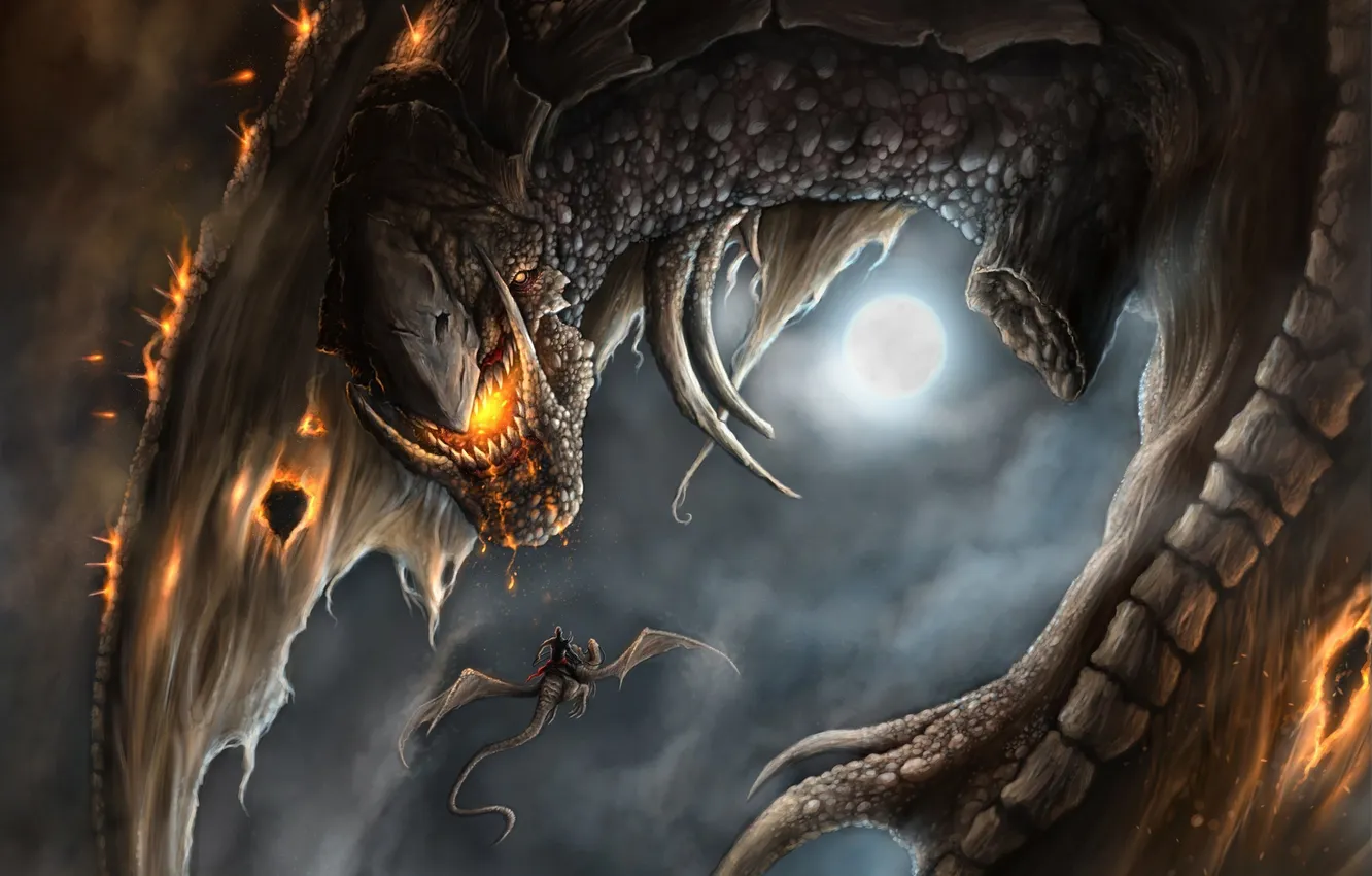 Фото обои ночь, огонь, луна, дракон, крылья, арт, дырки, всадник