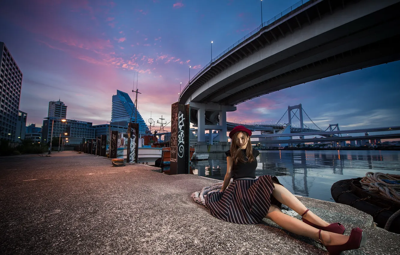 Фото обои девушка, мост, город