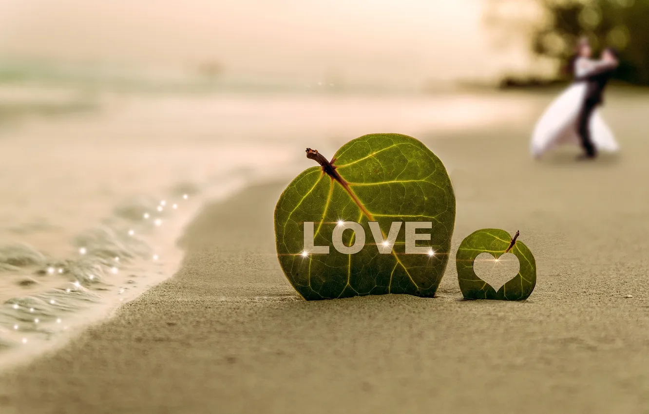 Фото обои песок, листья, берег, побережье, сердце, волна, пара, LOVE