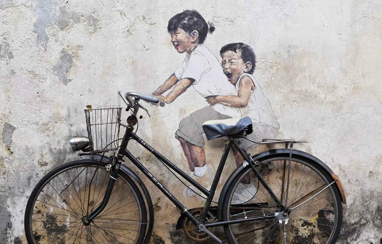 Фото обои велосипед, Малайзия, Пенанг, Джорджтаун, рисунок на стене
