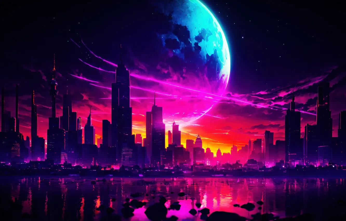 Фото обои city, fantasy, night, planet