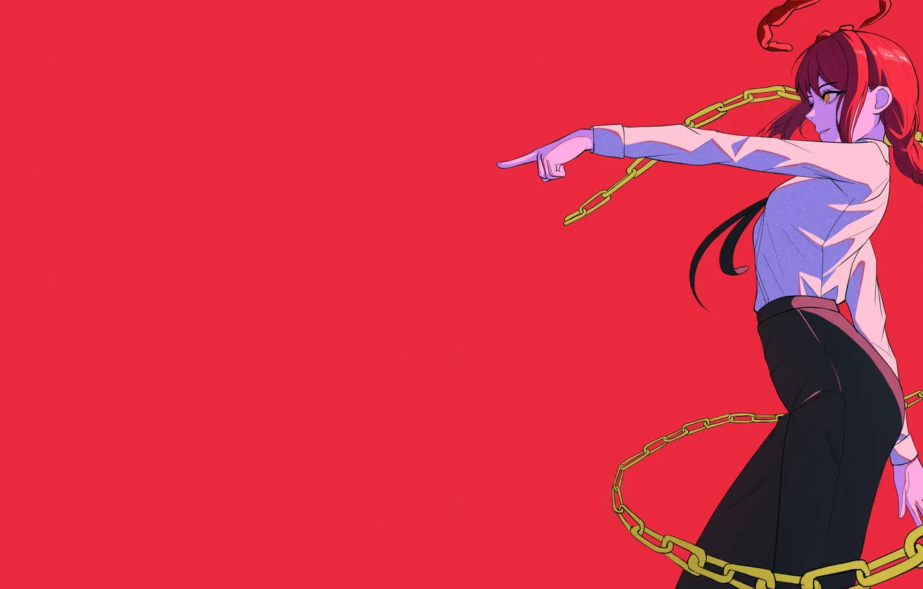 Фото обои redhead, yellow eyes, chains, simple background, red background, necktie, finger pointing, Chainsaw Man