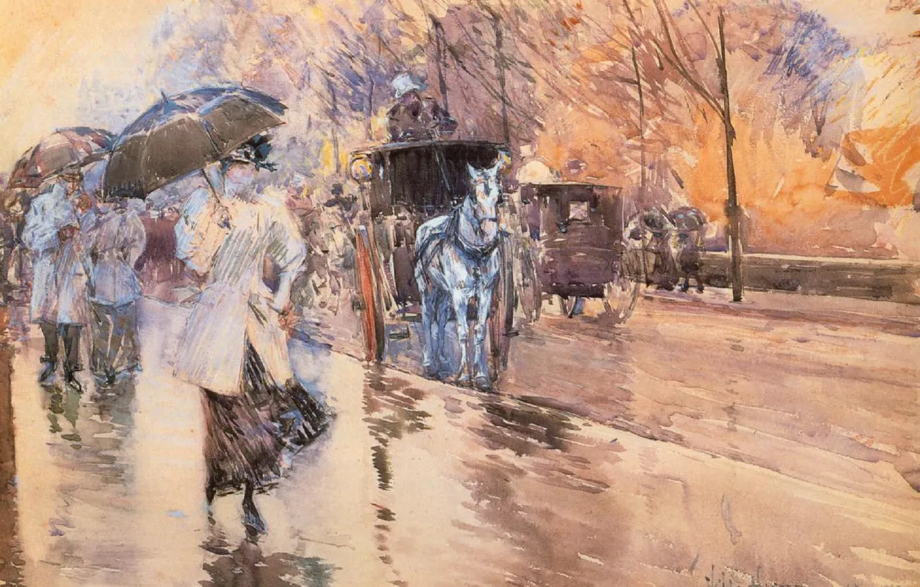 Фото обои люди, дождь, картина, Фредерик Чайлд Хассам, импрессионизм