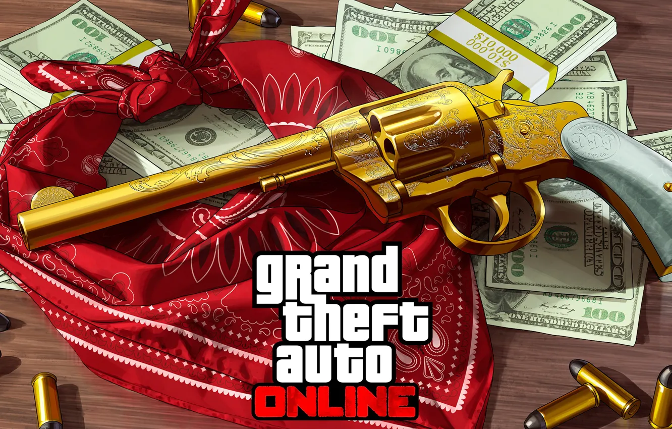 Фото обои деньги, золотой, gold, револьвер, бандана, gta online