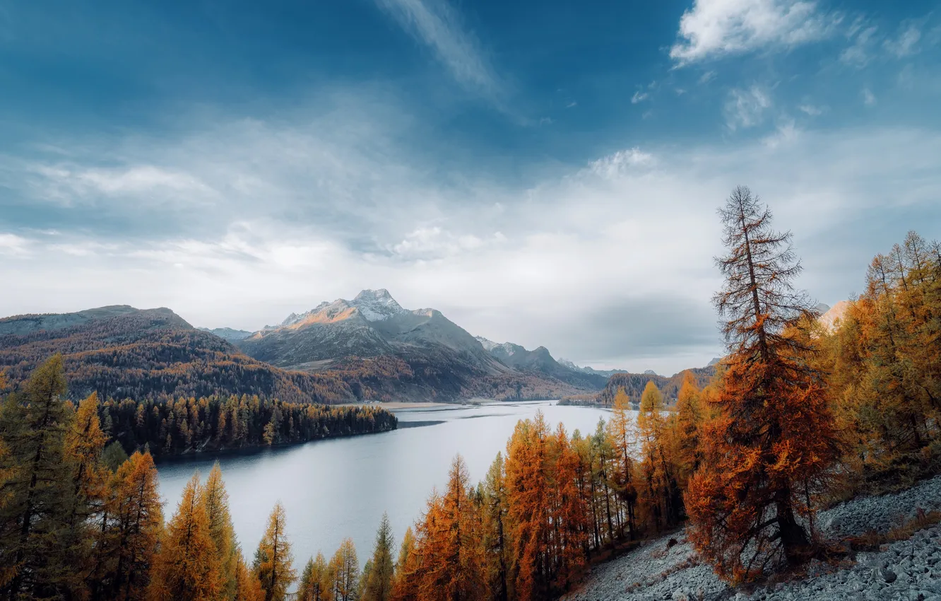 Фото обои sky, trees, landscape, nature, mountains, clouds, lake, fall