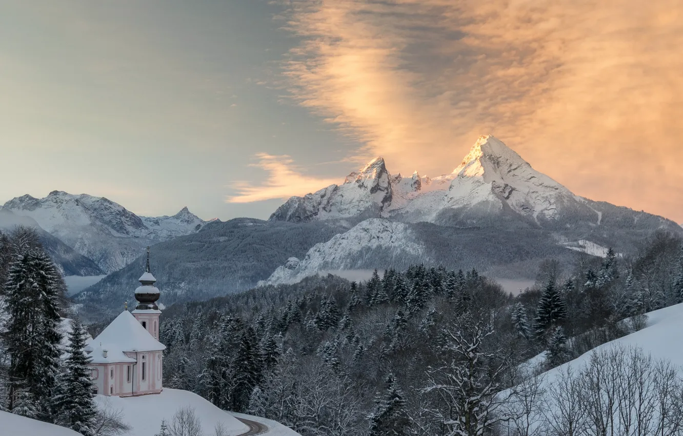 Фото обои зима, лес, горы, Германия, Бавария, церковь, панорама, Germany