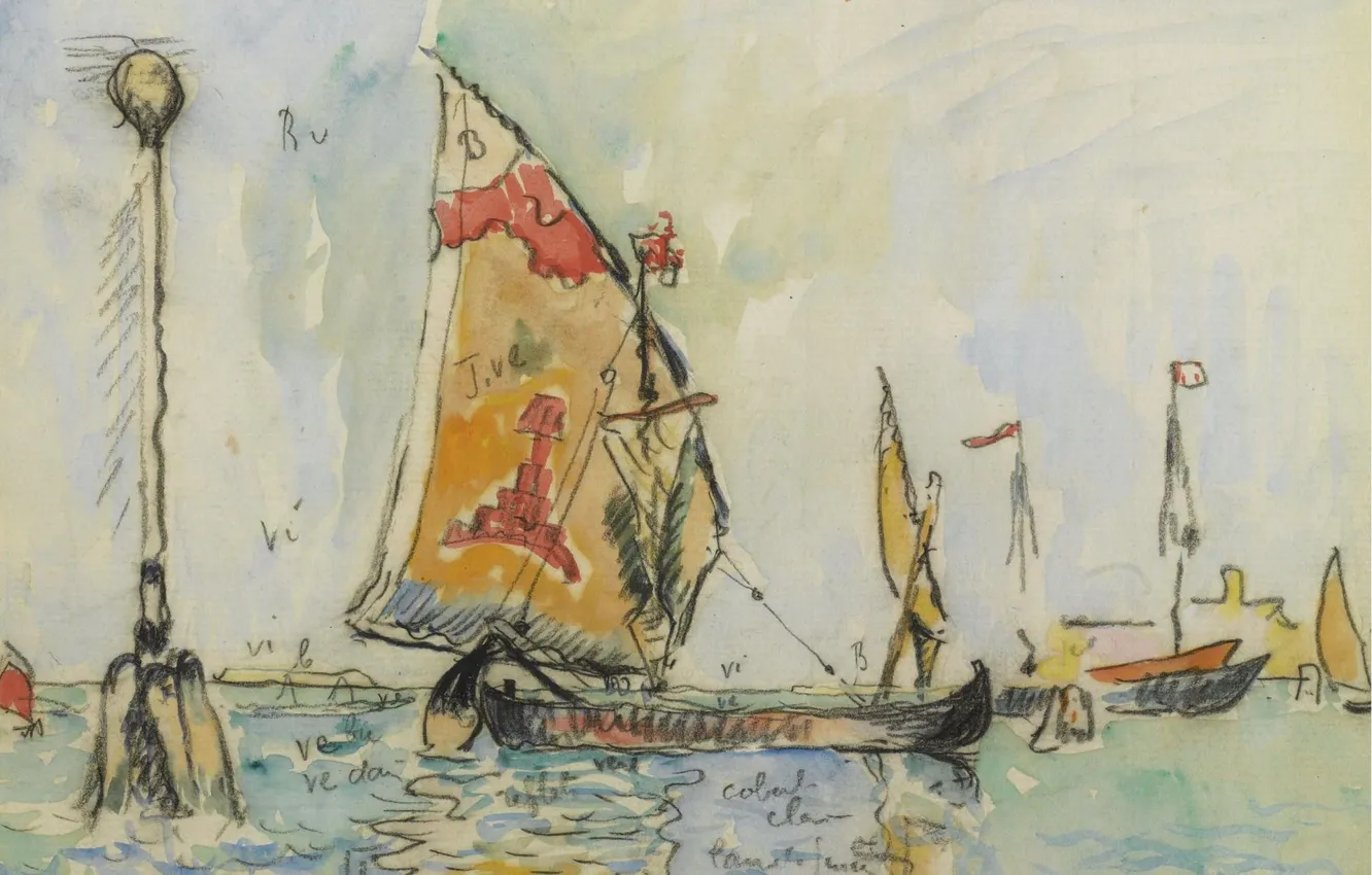 Фото обои лодка, рисунок, акварель, парус, 1904, Поль Синьяк, Paul Signac, Венеция. Кьоджа