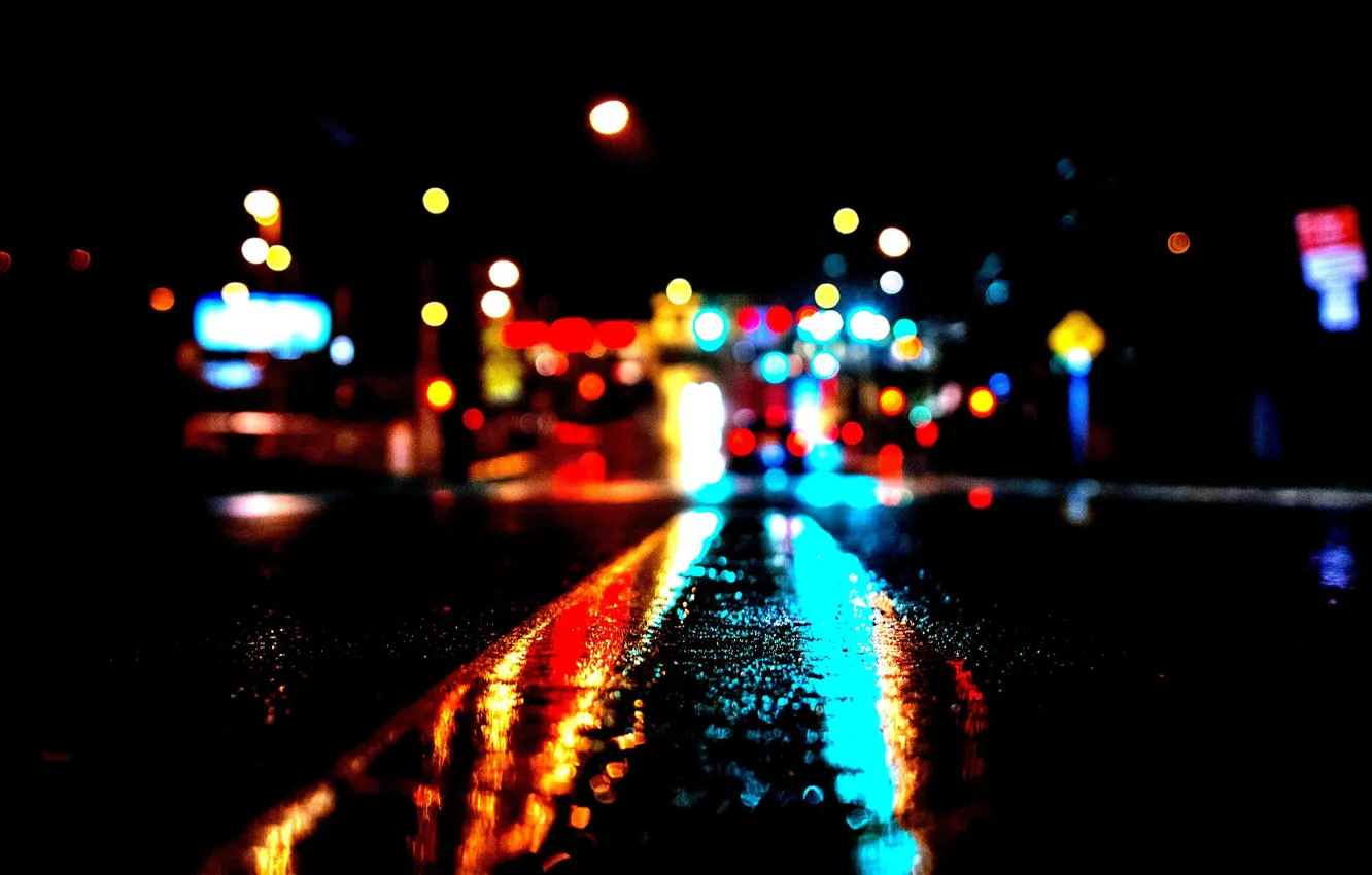 Фото обои city, lights, night, bokeh, high, contrast, rainy