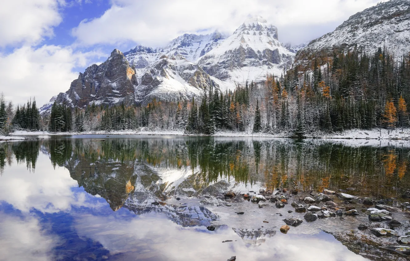 Фото обои пейзаж, природа, Mount Huber reflected in Schaffer, Wiwaxy Peaks