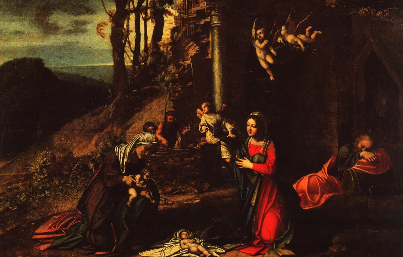 Фото обои Антонио Аллегри Корреджо, а также спящим Иосифом, Рождение Христа, со св. Елизаветой и Иоанном Крестителем