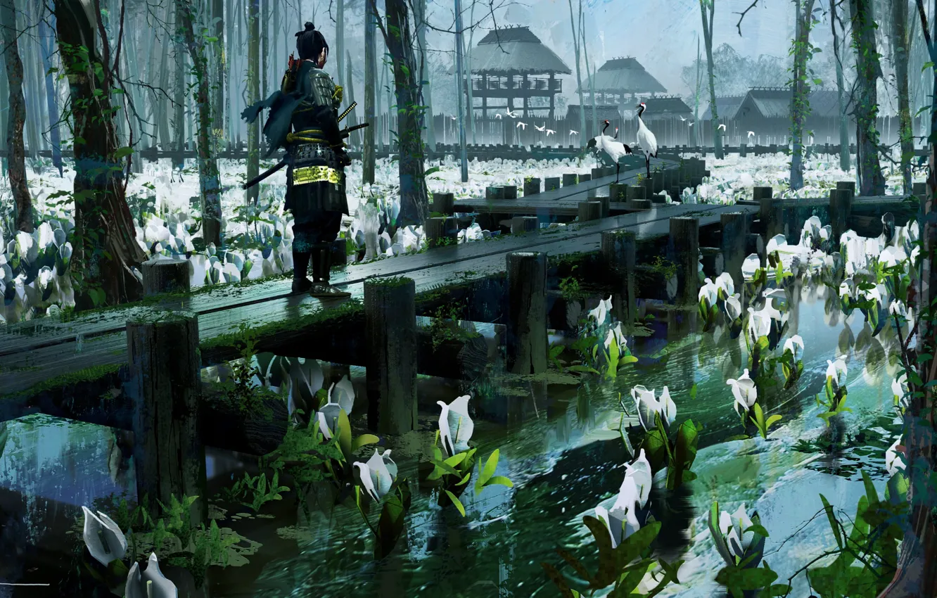 Фото обои пруд, доспехи, самурай, водяные лилии, мостки, журавли, пасмурный день, Ghost of Tsushima
