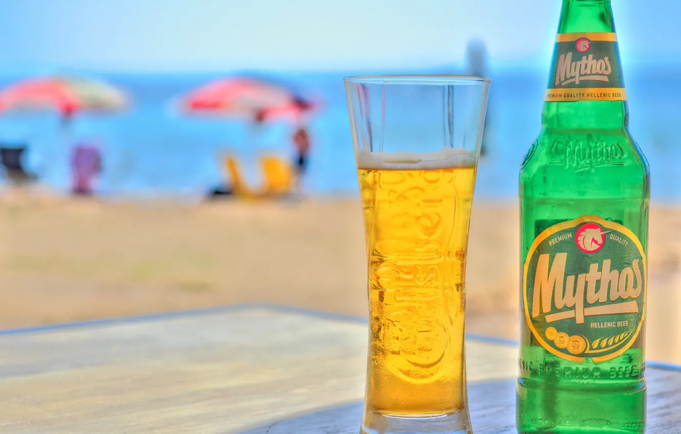 Фото обои море, стакан, бутылка, пиво, напиток