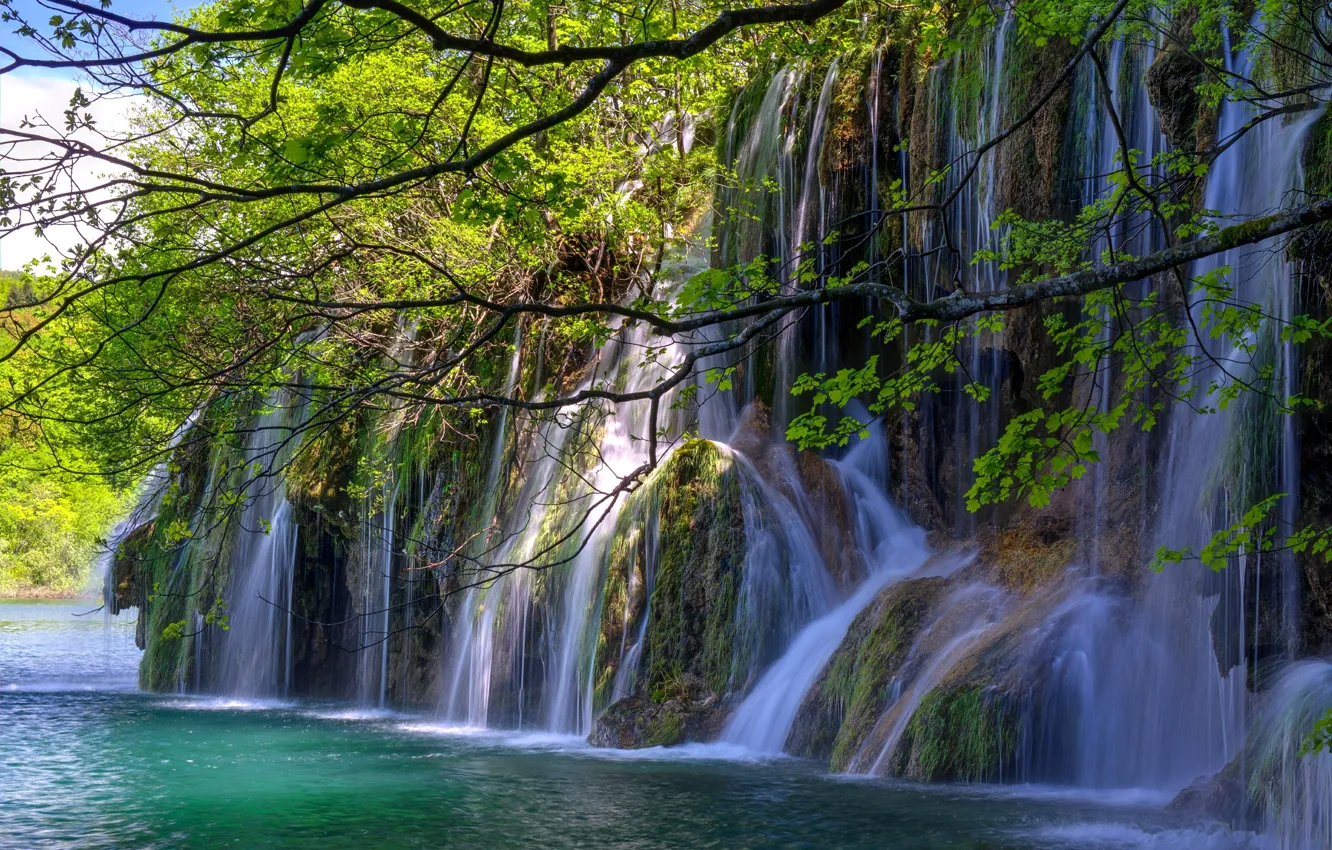 Фото обои деревья, скала, озеро, водопад, поток