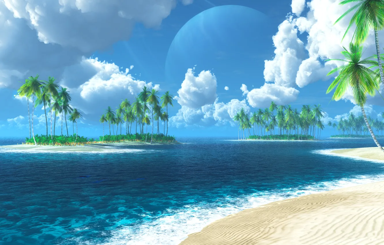 Фото обои море, острова, тропики, пальмы, графика, digital, Tropic of Thetis