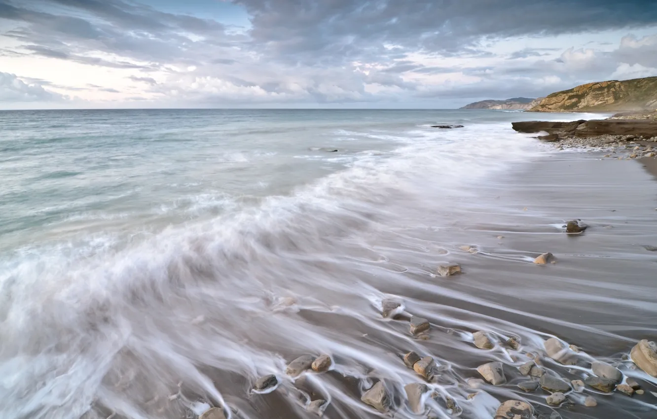 Фото обои песок, море, волны, пейзаж, природа, берег