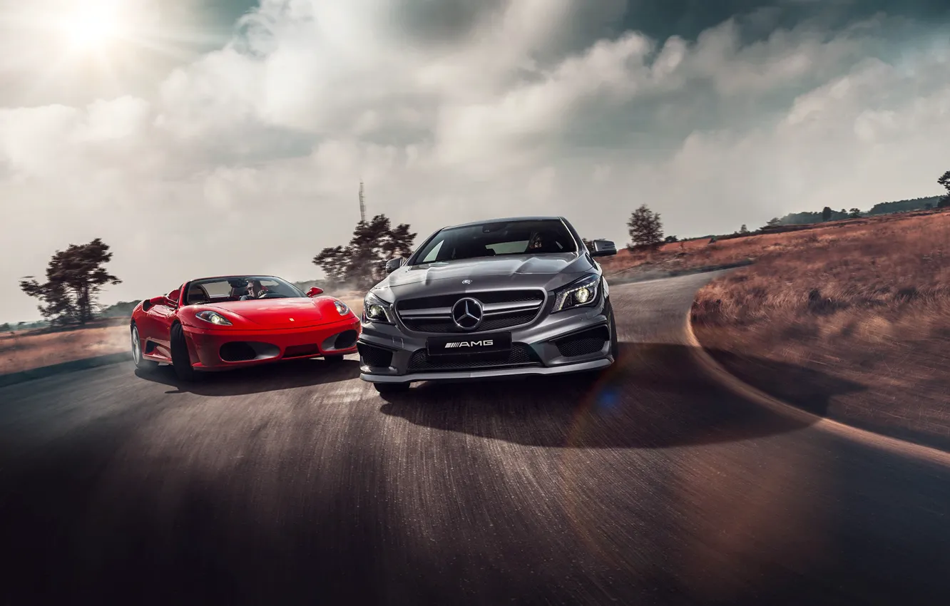 Фото обои Mercedes-Benz, F430, Ferrari, Red, AMG, Grey, Supercars, Colors