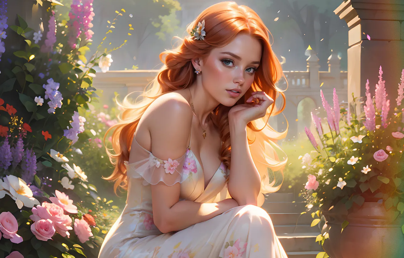 Фото обои girl, dress, nature, beautiful, redhead