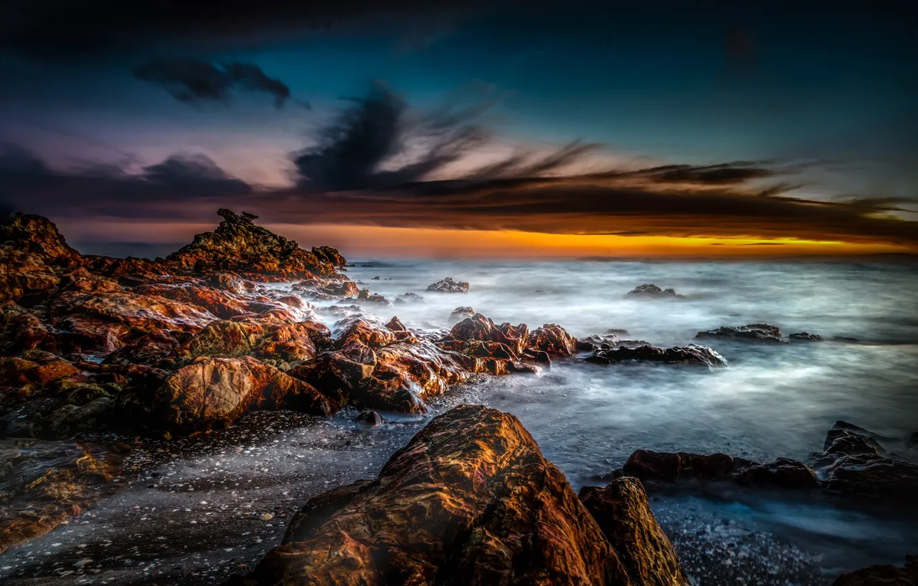 Фото обои море, небо, закат, камни, берег, Новая Зеландия, горизонт
