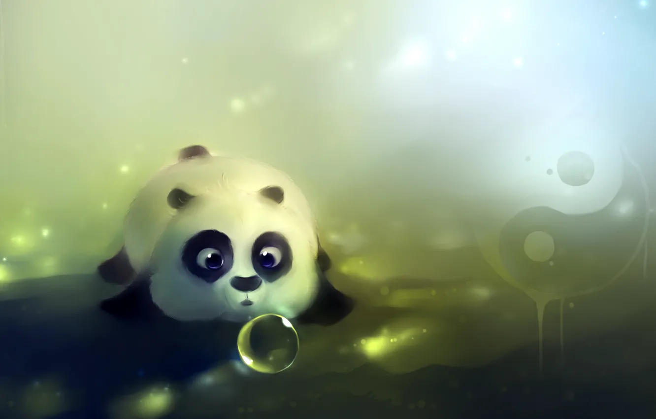 Фото обои рисунок, шарик, медведь, мишка, панда, художник, лежит, пузырь