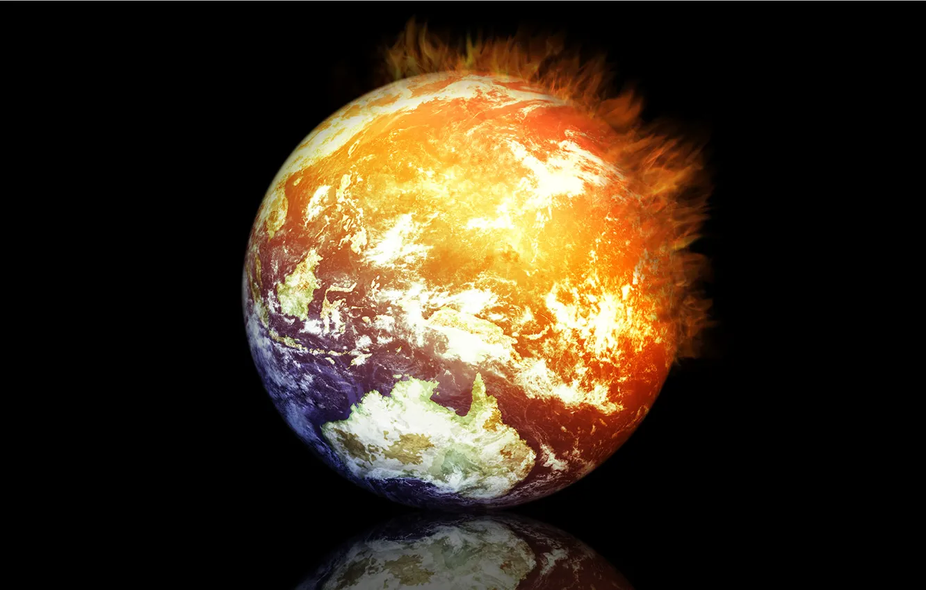 Фото обои отражение, рендеринг, огонь, земля, планета