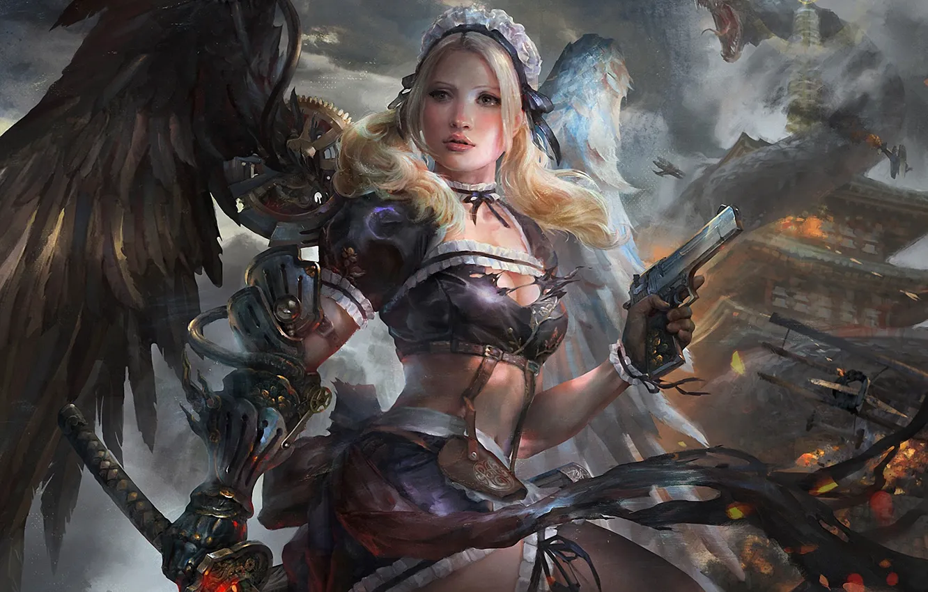 Фото обои девушка, пистолет, механизм, крылья, монстр, меч, арт, хвостики