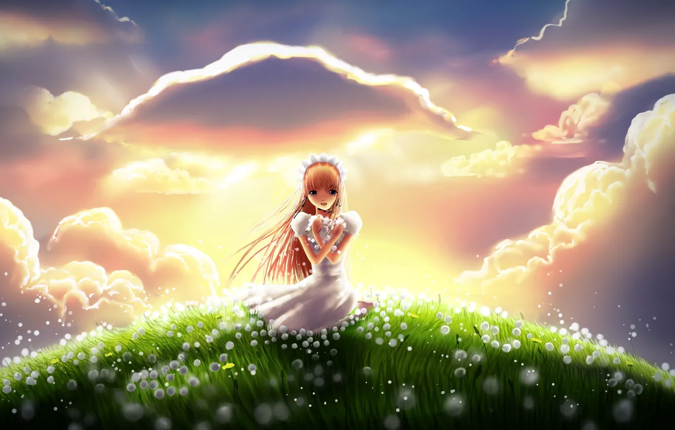 Фото обои трава, облака, радость, цветы, холм, луг, арт, девочка