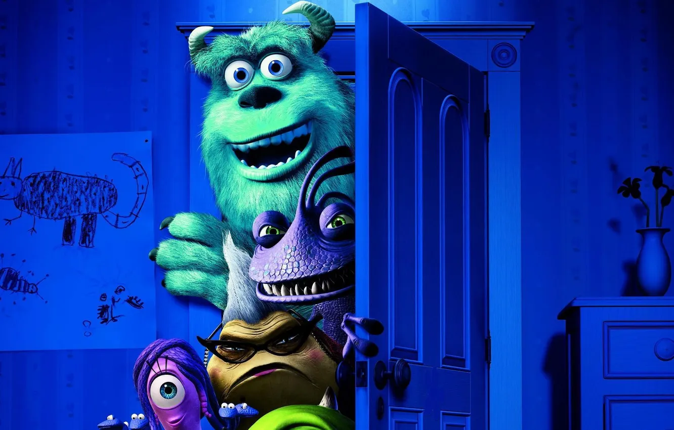 Фото обои комната, мультфильм, дверь, монстры, Академия монстров, Monsters University, Inc., Корпорация монстров