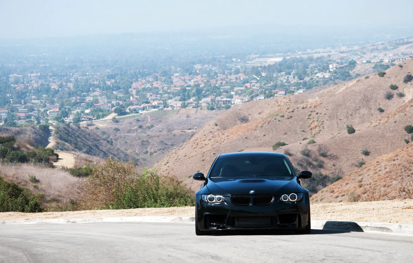 Фото обои дорога, чёрный, bmw, бмв, тень, black, 335i, передок