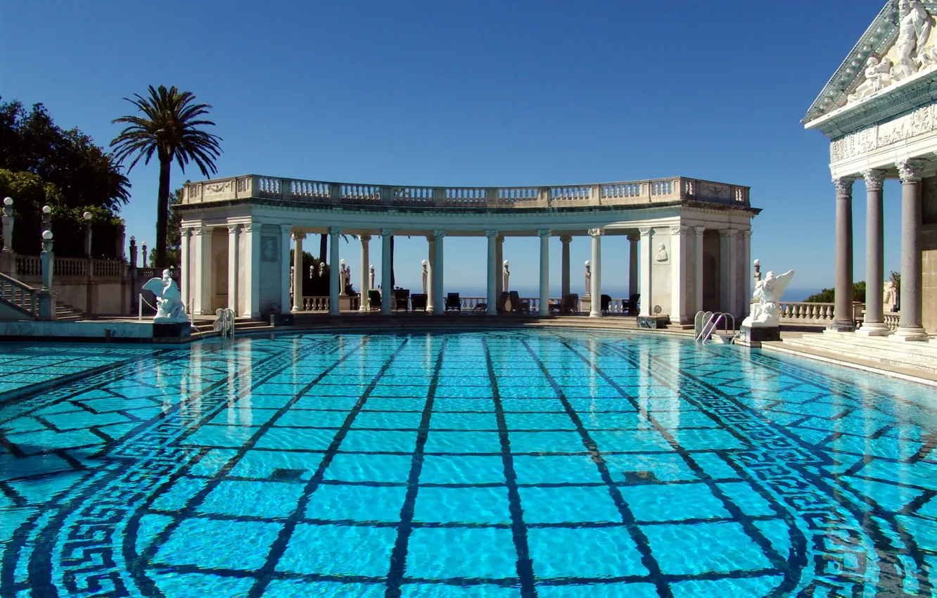 Фото обои небо, Калифорния, колонны, США, архитектура, Hearst Castle, Сан-Симеон, бассейн Нептуна