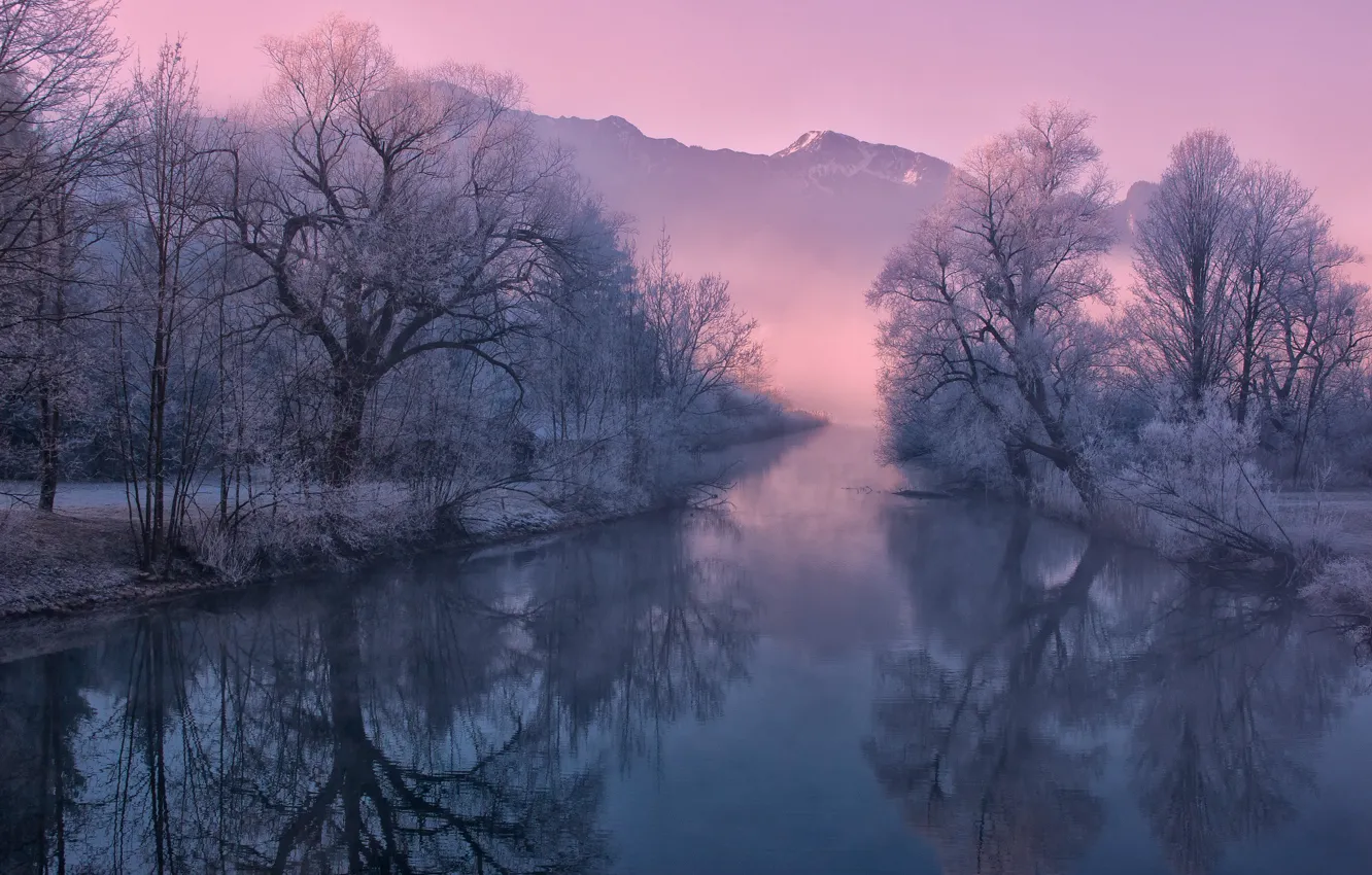 Фото обои зима, иней, горы, природа, туман, река, утро, Германия
