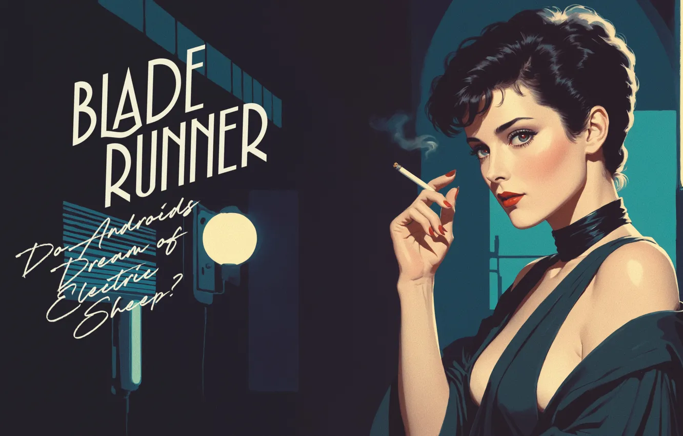 Фото обои smoking, science fiction, cigarettes, Blade Runner, ultrawide, AI art, science fiction women