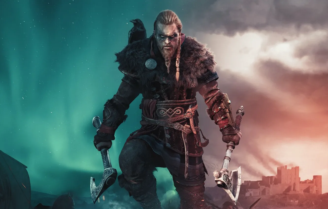 Фото обои взгляд, фон, Воин, Викинг, Assassin's Creed Valhalla