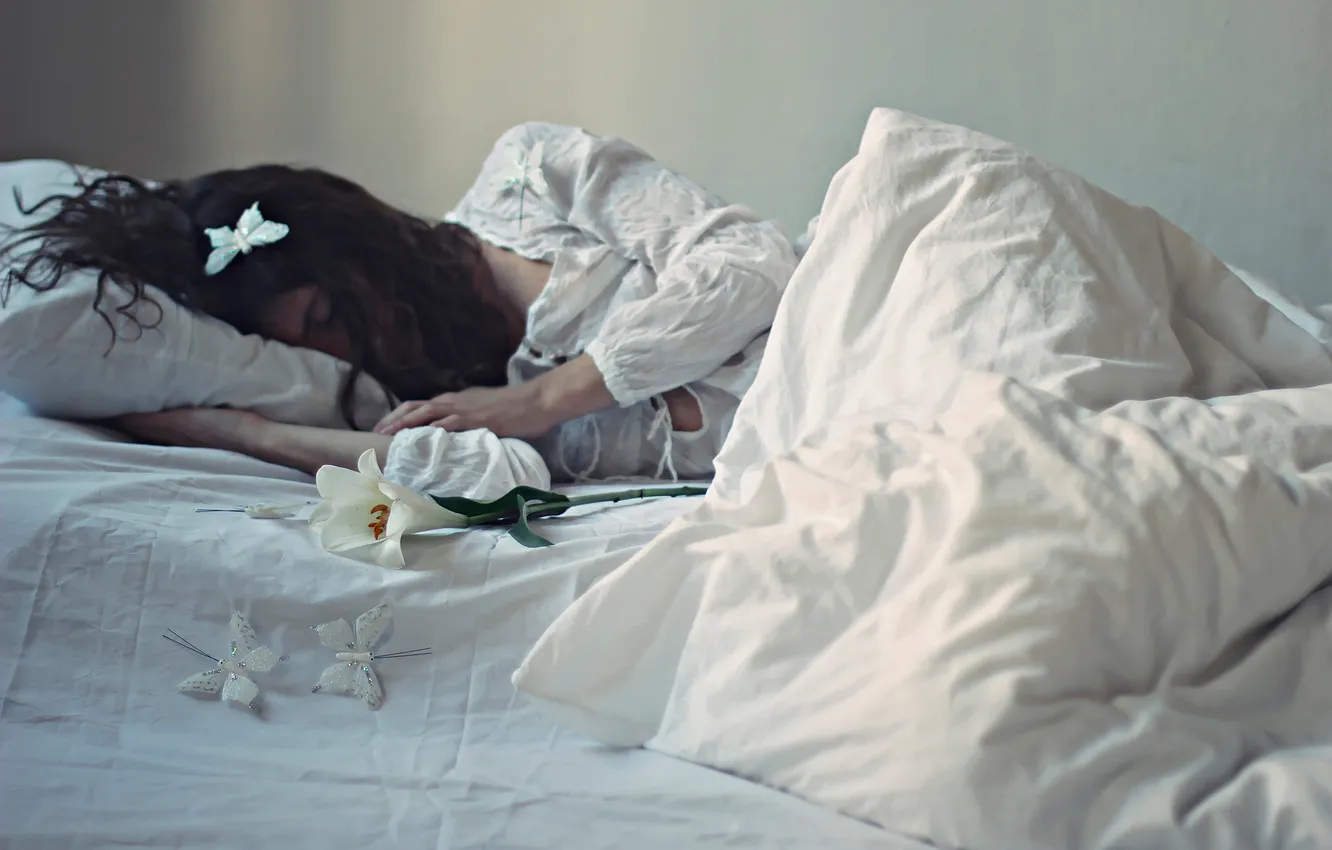 Фото обои девушка, бабочки, цветы, сон, постель