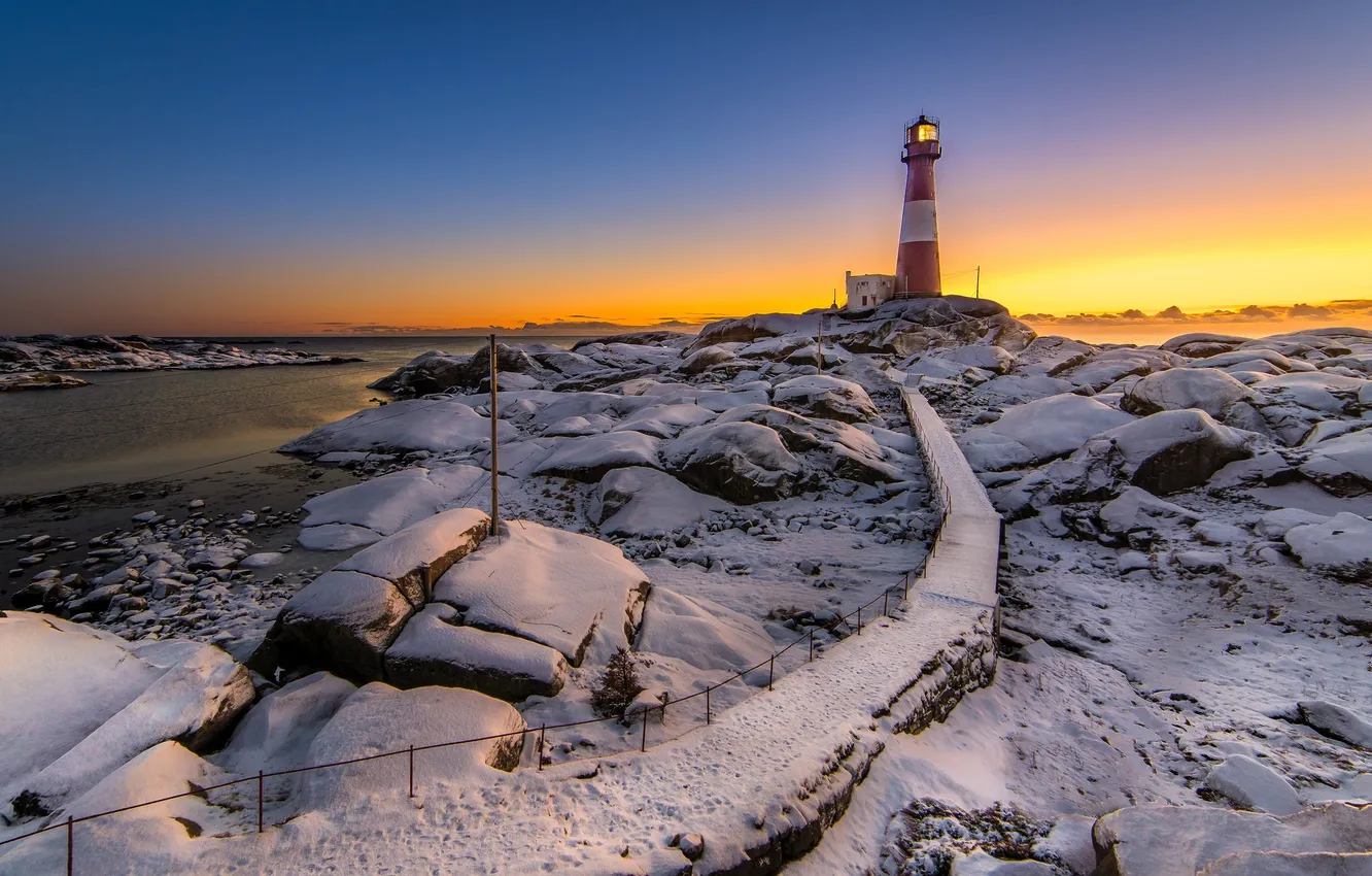 Фото обои зима, море, маяк