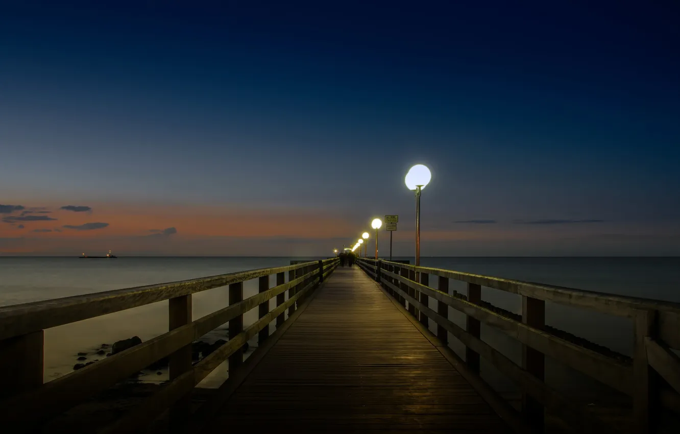 Фото обои море, ночь, мост