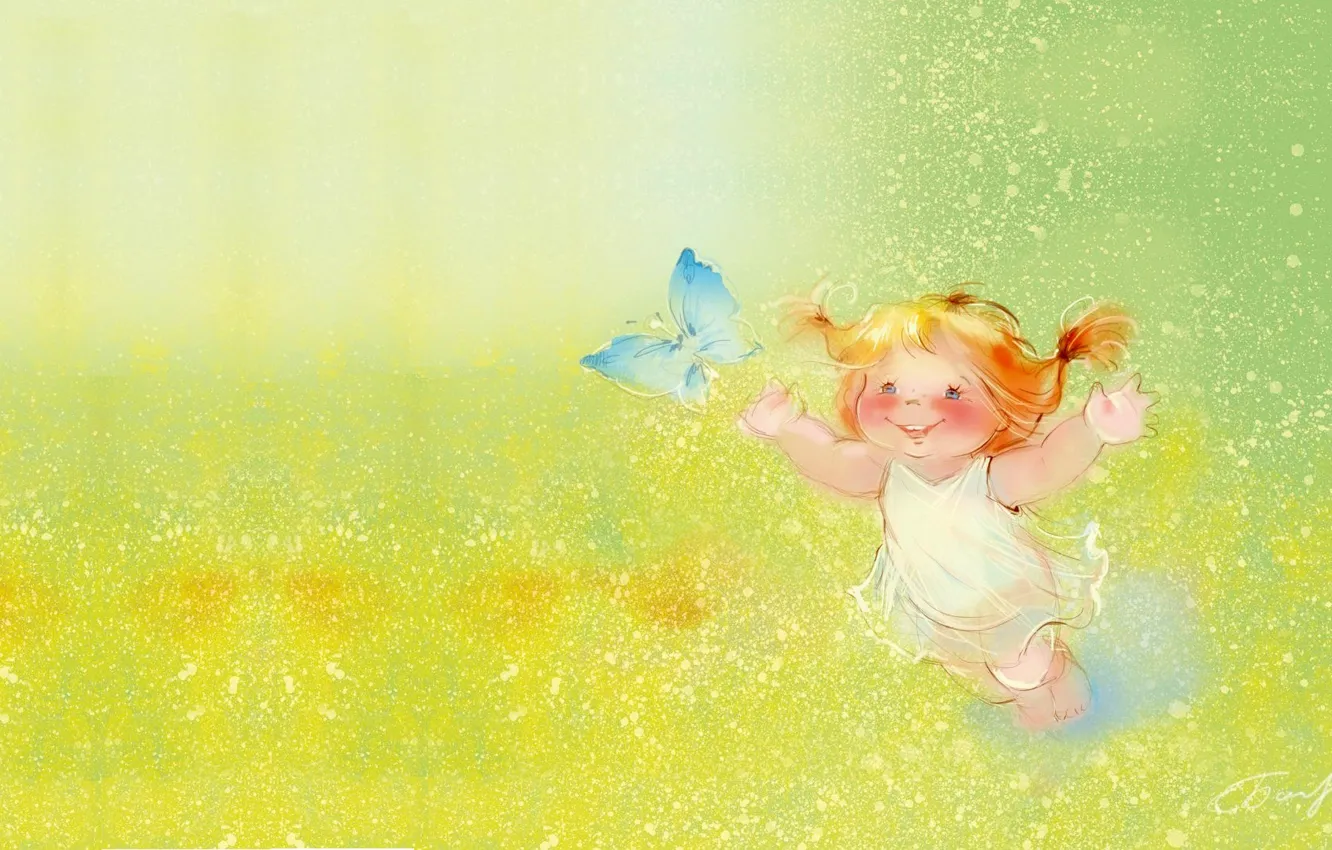Фото обои лето, настроение, бабочка, арт, девочка, детская, Екатерина Бабок