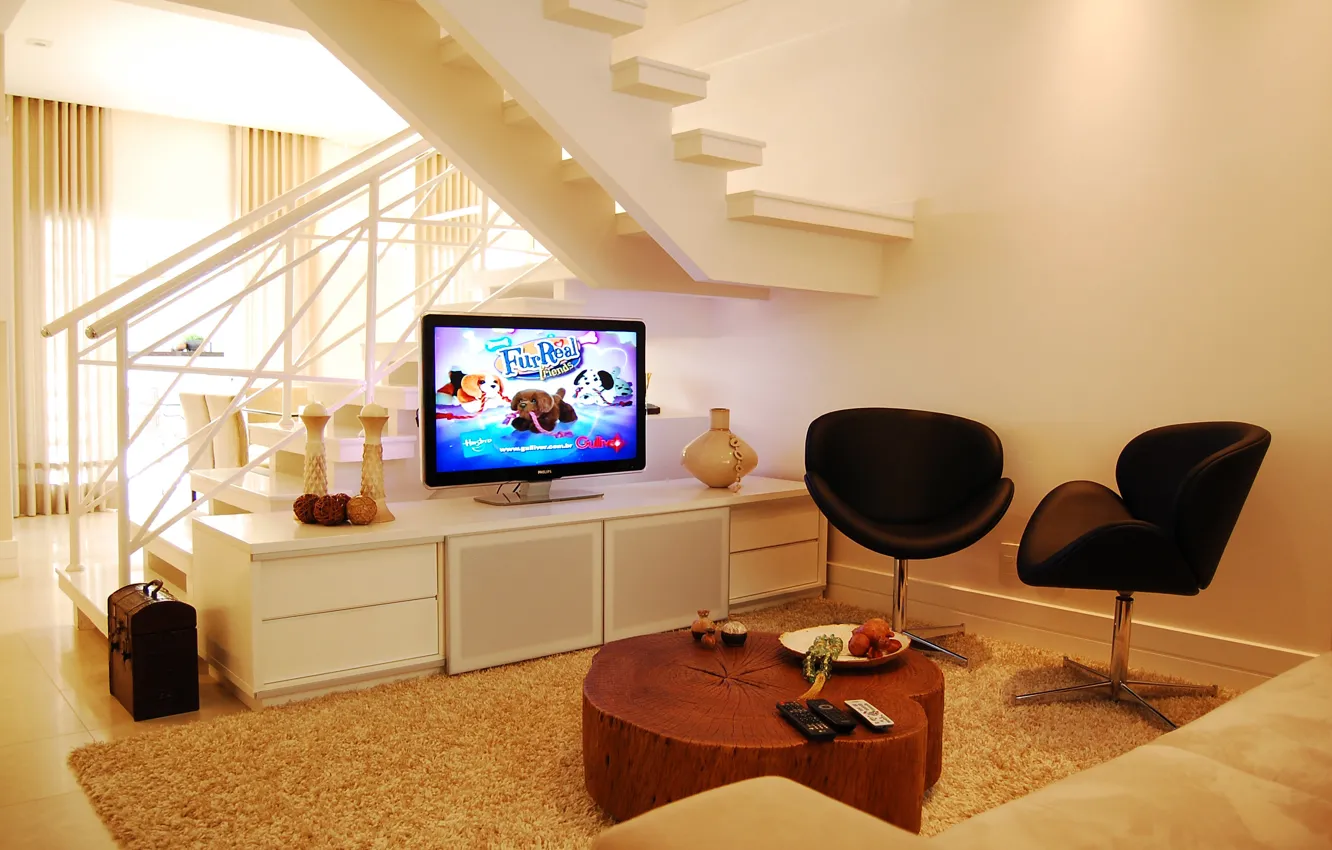 Фото обои телевизор, кресла, коврик, столик, room, interior, тумба, living