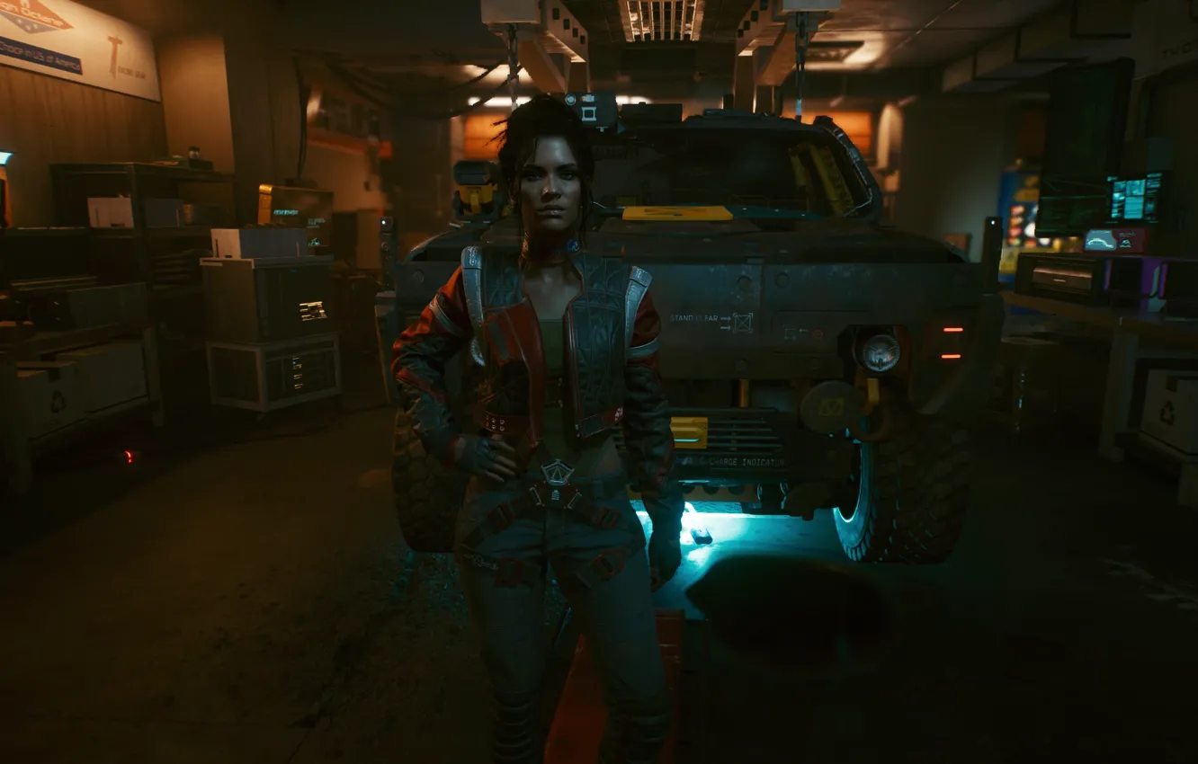 Фото обои машина, девушка, гараж, киберпанк, Cyberpunk 2077, пан
