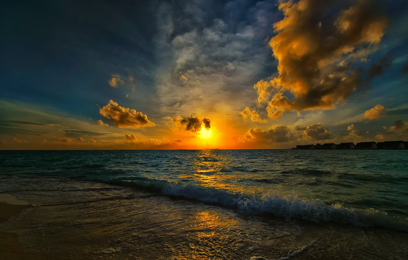 Фото обои море, волны, пляж, солнце, утро, залив