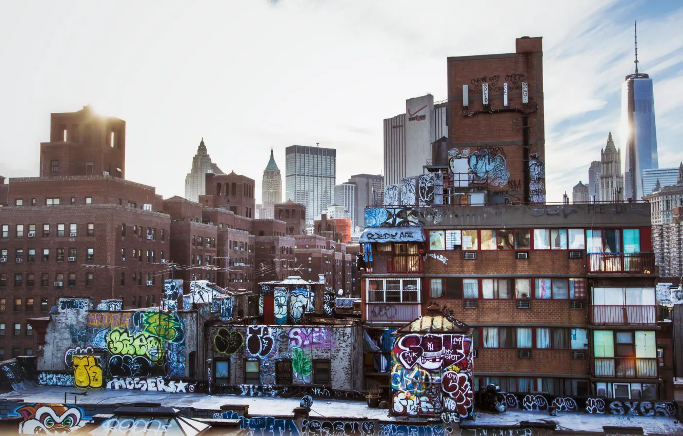 Фото обои граффити, здания, дома, Небоскребы, City, США, Нью Йорк, Urban