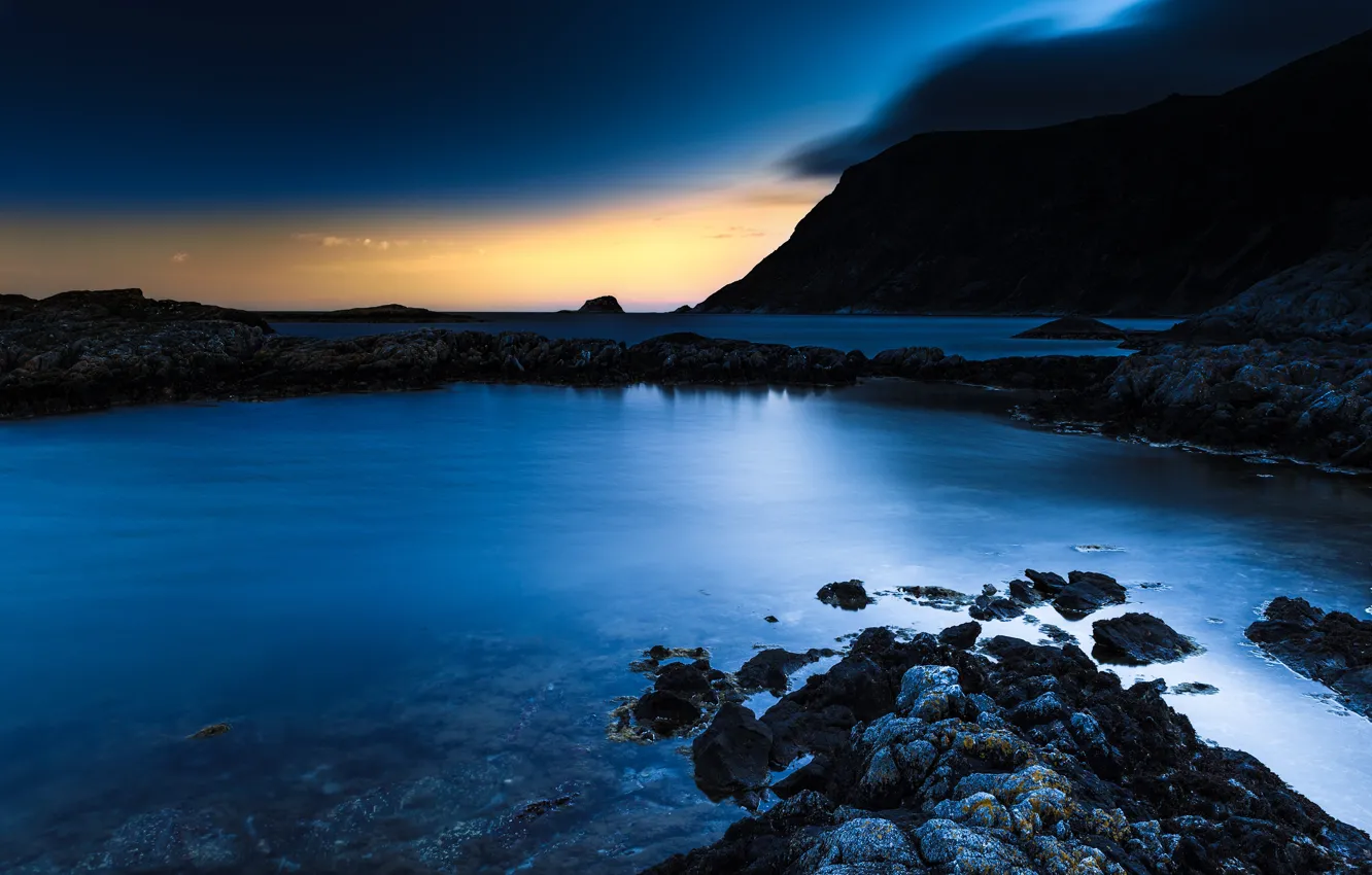 Фото обои море, горы, ночь, скалы, берег, Норвегия, сумерки, Лофотенские острова