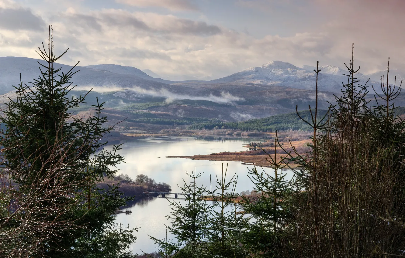 Фото обои деревья, пейзаж, горы, озеро, Шотландия