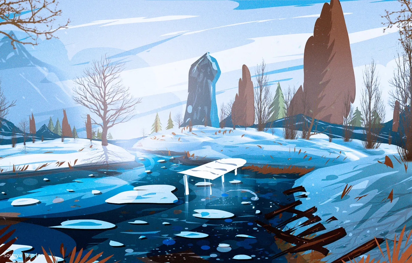Фото обои Art, Winter, River, Illustration, Environments, Soumya Ranjan, by Soumya Ranjan
