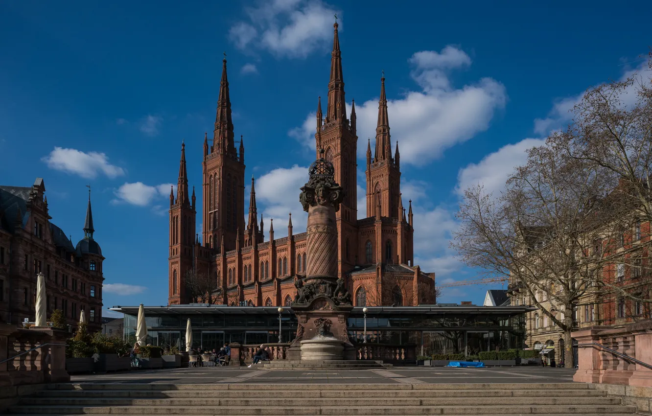 Фото обои Германия, церковь, Гессен, Wiesbaden, Marktkirche