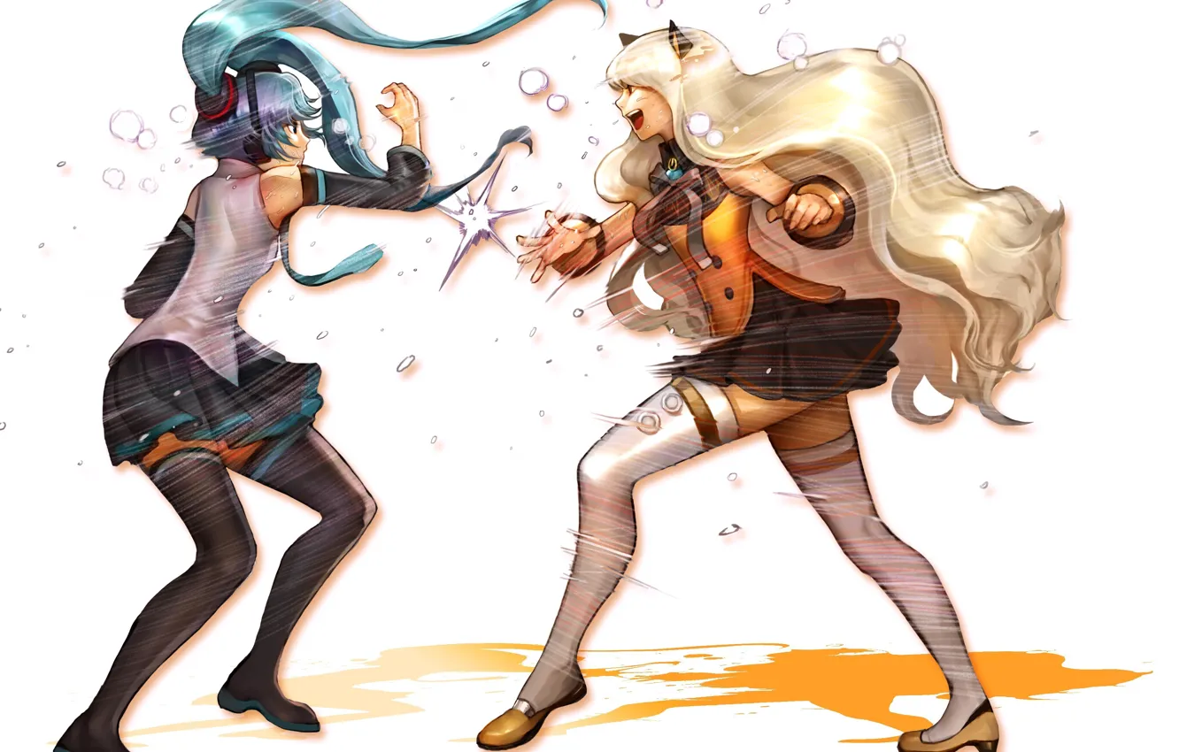 Фото обои девушки, борьба, чулки, арт, Hatsune Miku, бантик, Vocaloid, Вокалоид