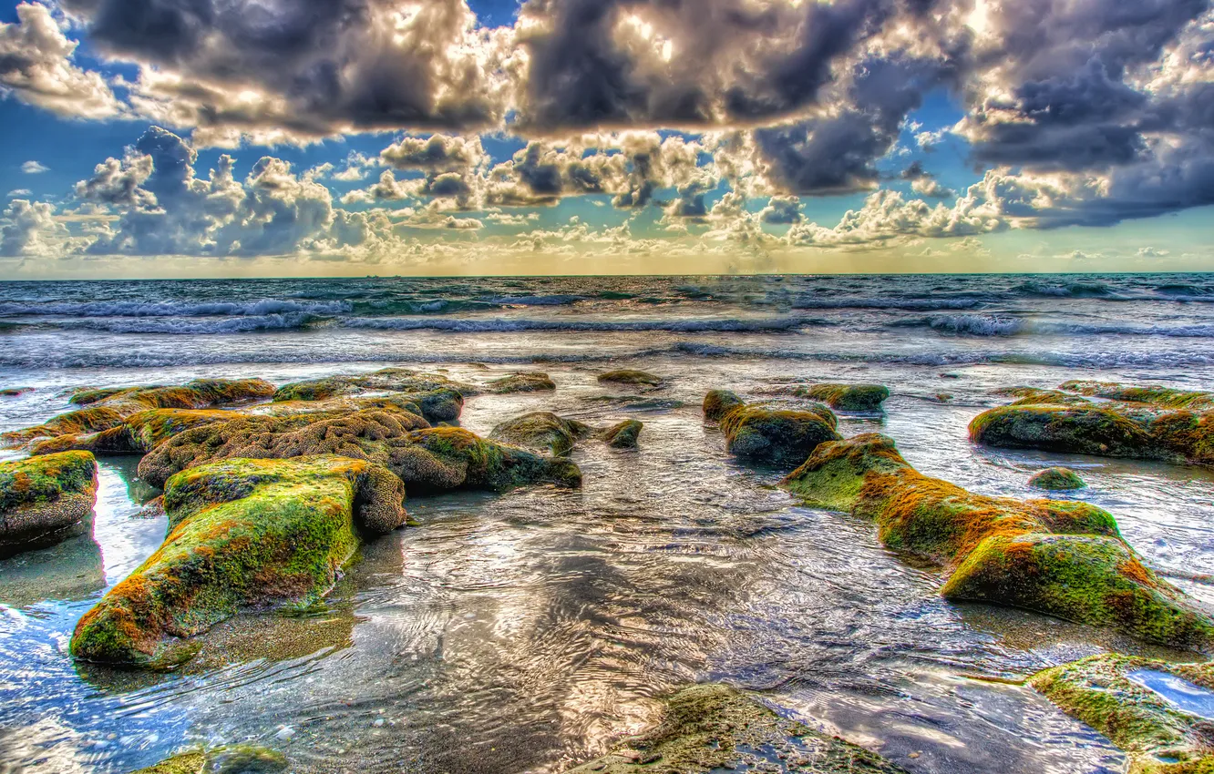 Фото обои море, волны, облака, камни