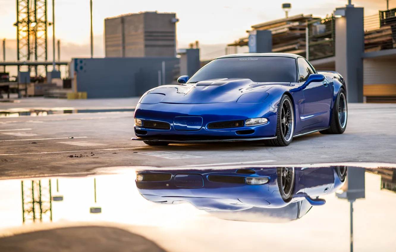 Фото обои Corvette, Blue, Puddle