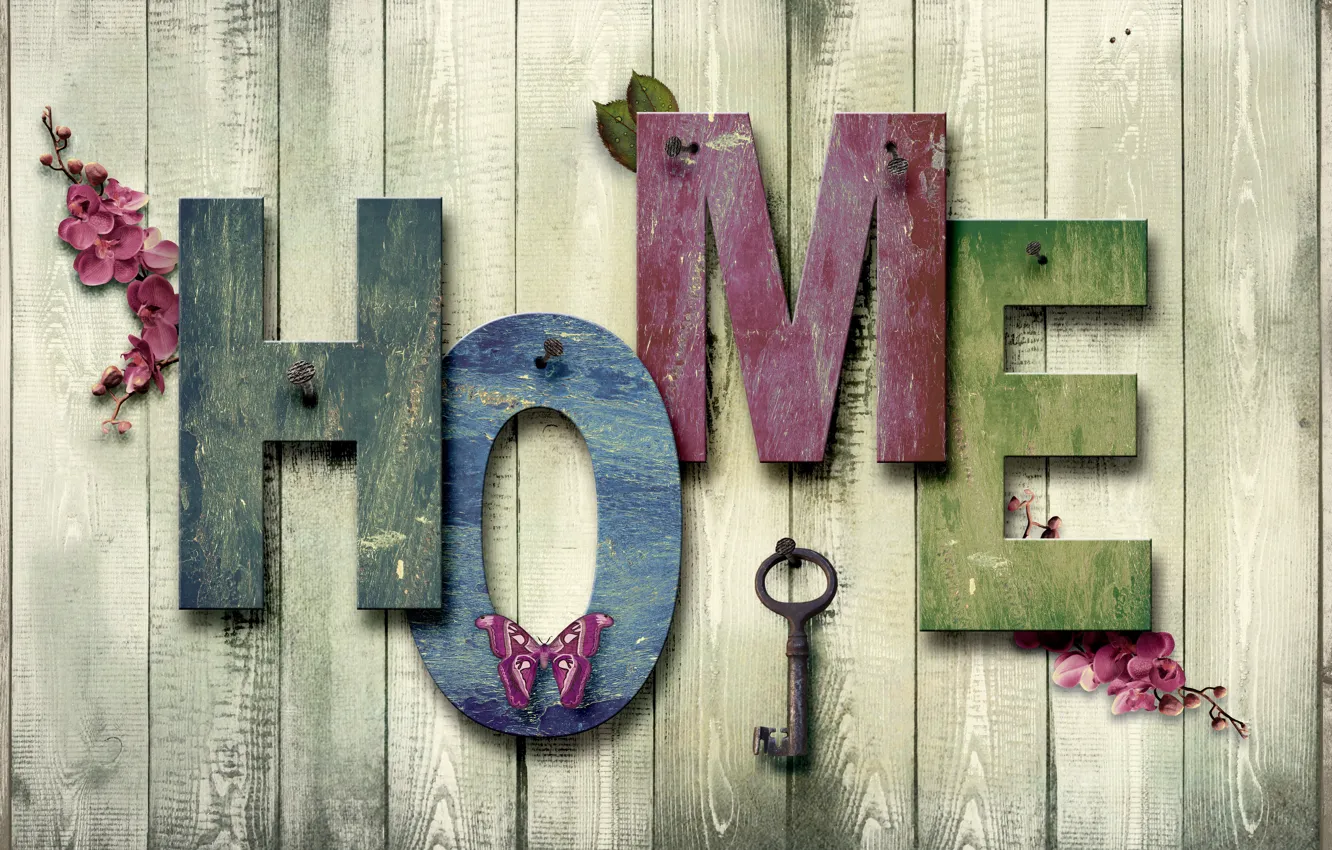Фото обои дом, надпись, бабочка, текстура, Дерево, Ключ, Фон, гвоздь