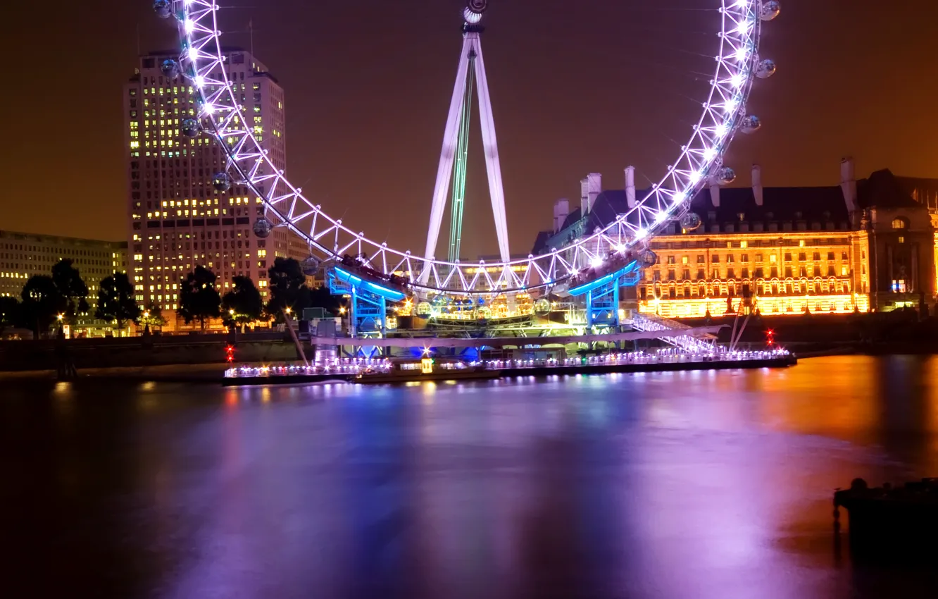 Фото обои ночь, Лондон, Город, колесо обозрения